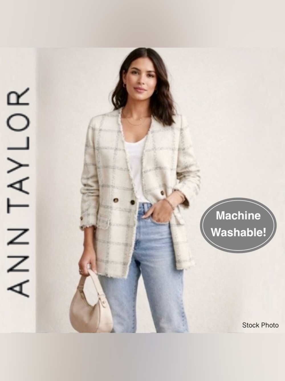Ann Taylor Cream Gray Windowpane Tweed Fringed Blazer (14) Like New!